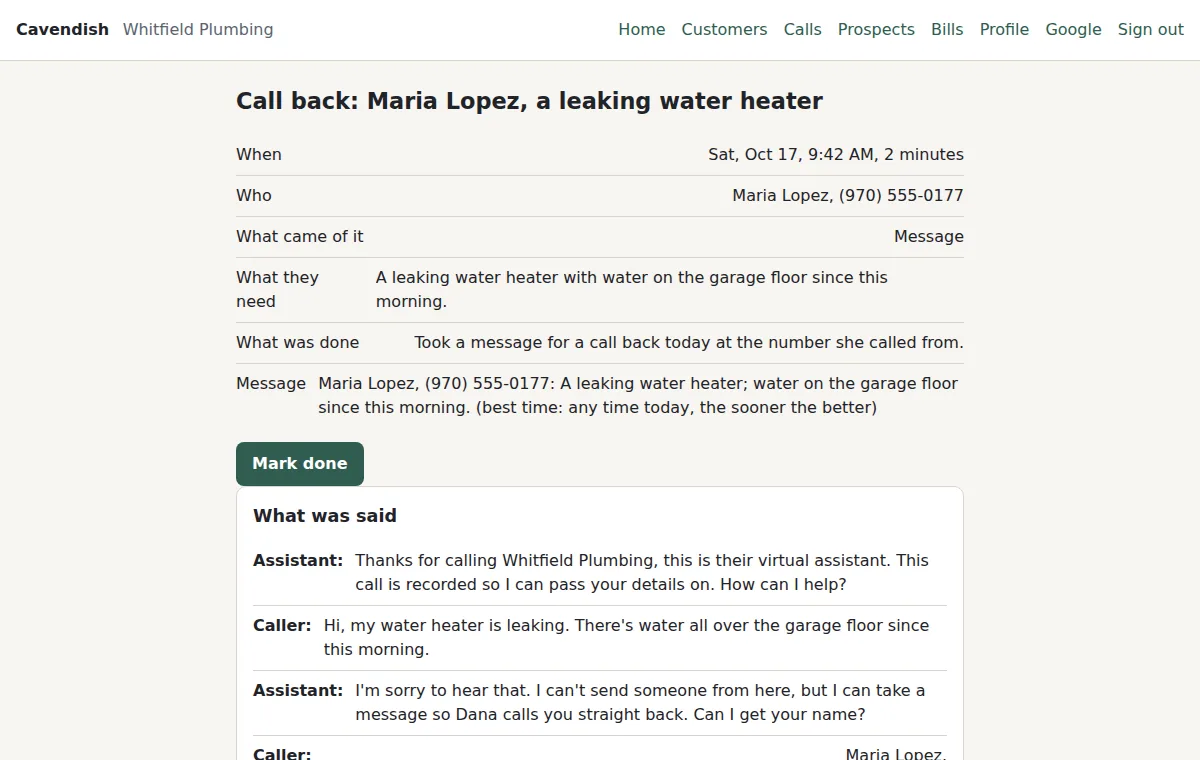 One call on the Calls page: what the caller needs, the message taken, everything that was said, and what the assistant did.