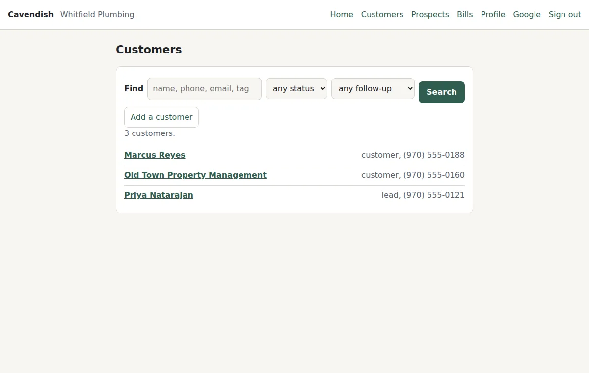 The customer book: customers and leads, searchable by name, phone, email, tag, status, or follow-up.