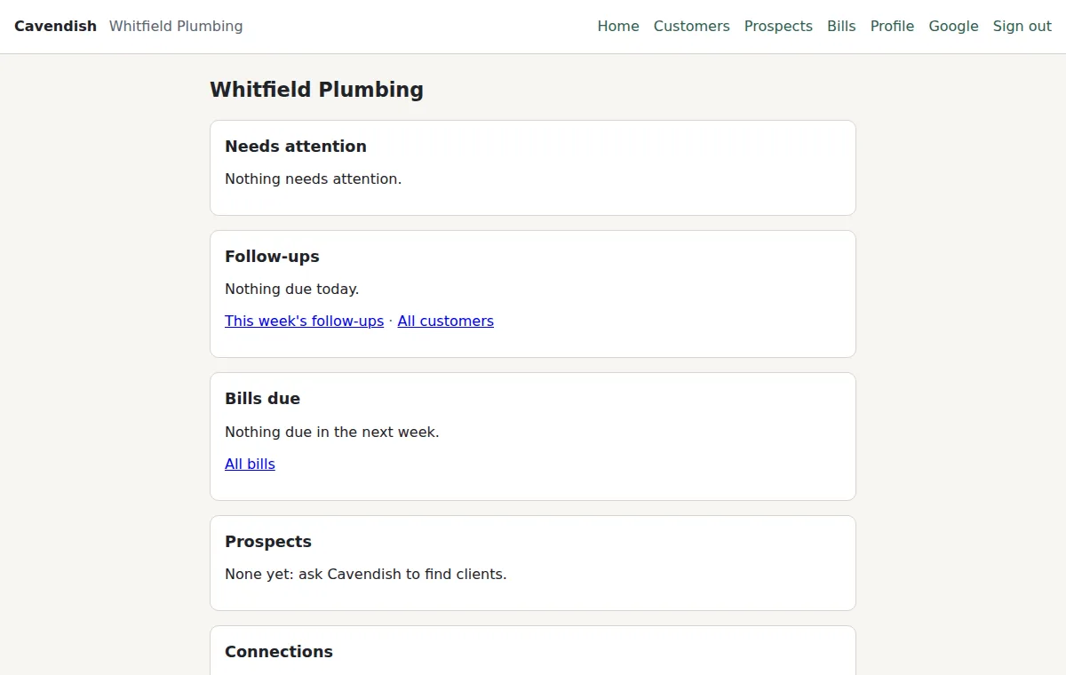 The home page of a private copy: what needs attention, follow-ups due, bills due, prospects, and which connections are set up.