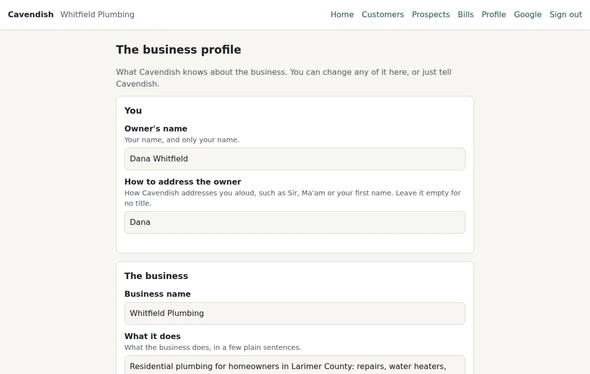 The business profile Cavendish reads on every message: the owner, what the business does and sells, its customers, and its tone.