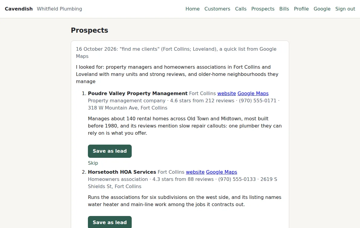 The Prospects page: a quick list from Google Maps, the line saying what it looked for, and Save as lead or Skip on each business.