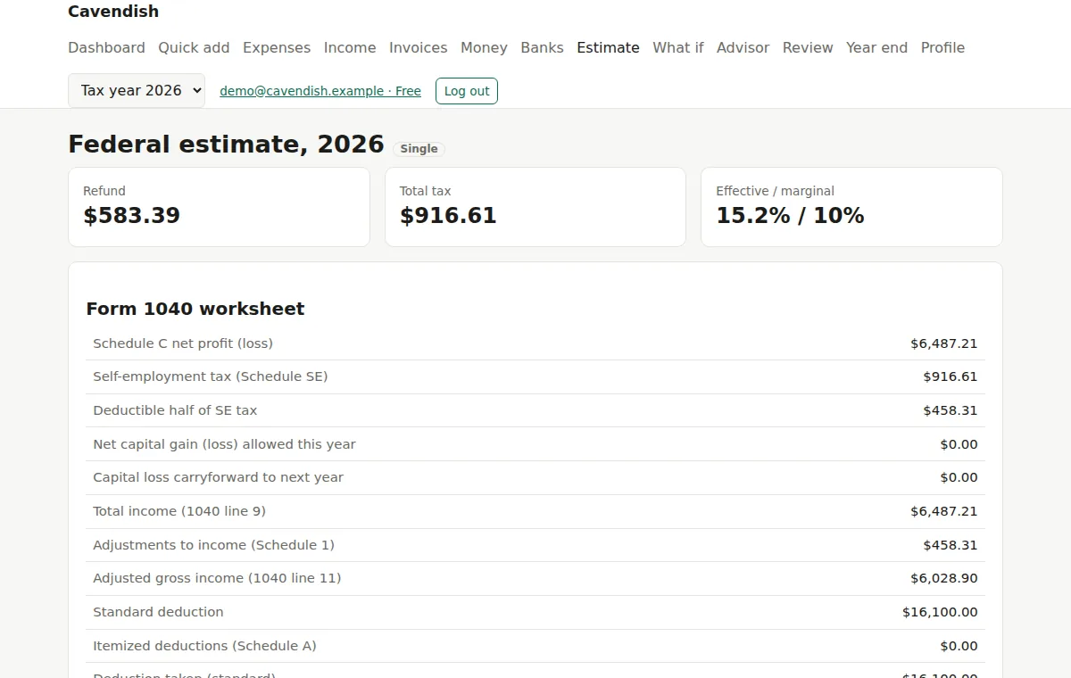 The federal estimate: a Form 1040 worksheet, line by line, updated as entries are added.