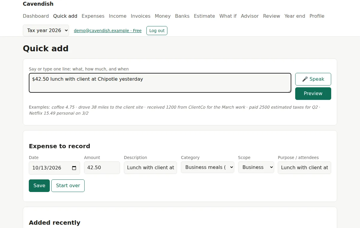 Quick add: one typed sentence becomes an expense, with date, amount, category, and purpose filled in for review.