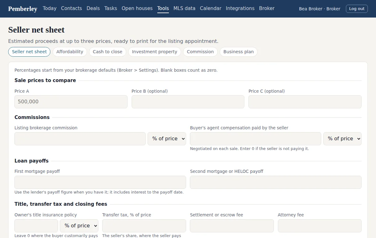 The seller net sheet: proceeds at up to three prices, with commissions, payoffs, and closing fees itemised.